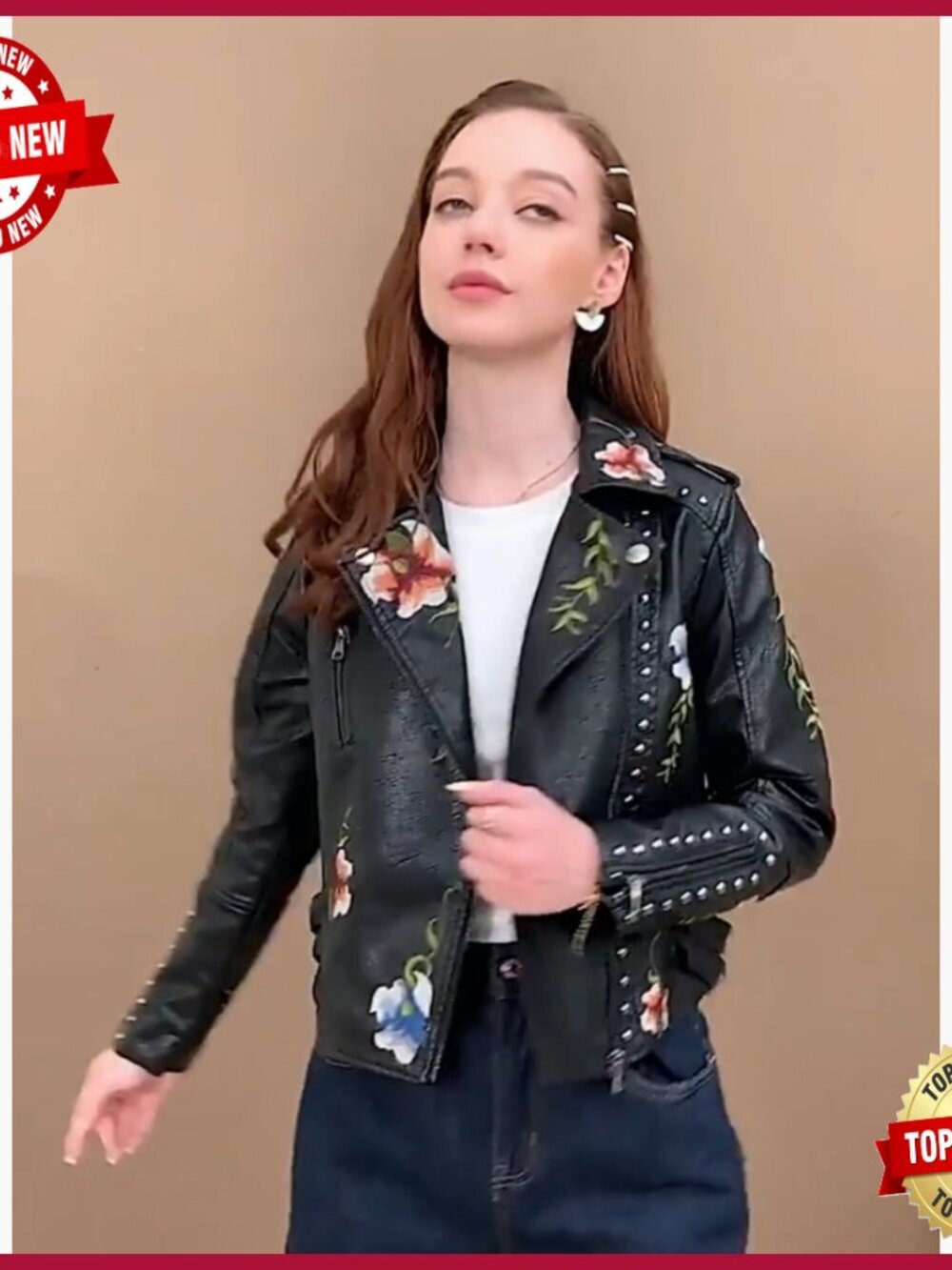 Women's Embroidered Studded Faux Leather Moto Jacket Slim Fit Short - Picture 6 of 6